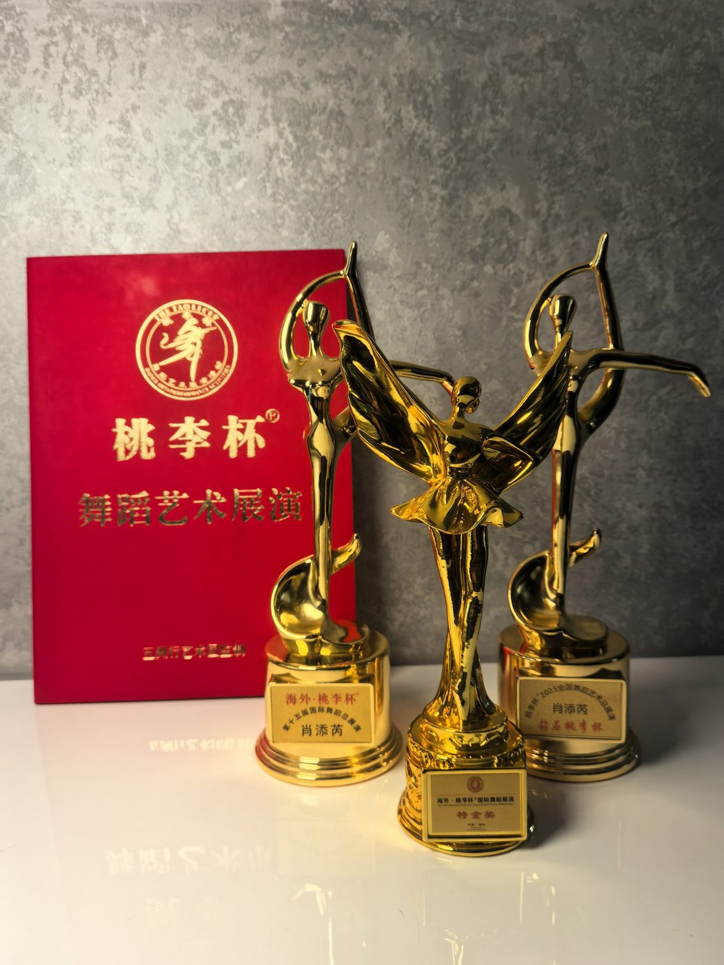 Three gold Taoli Cup trophies beside the award certificate folder.